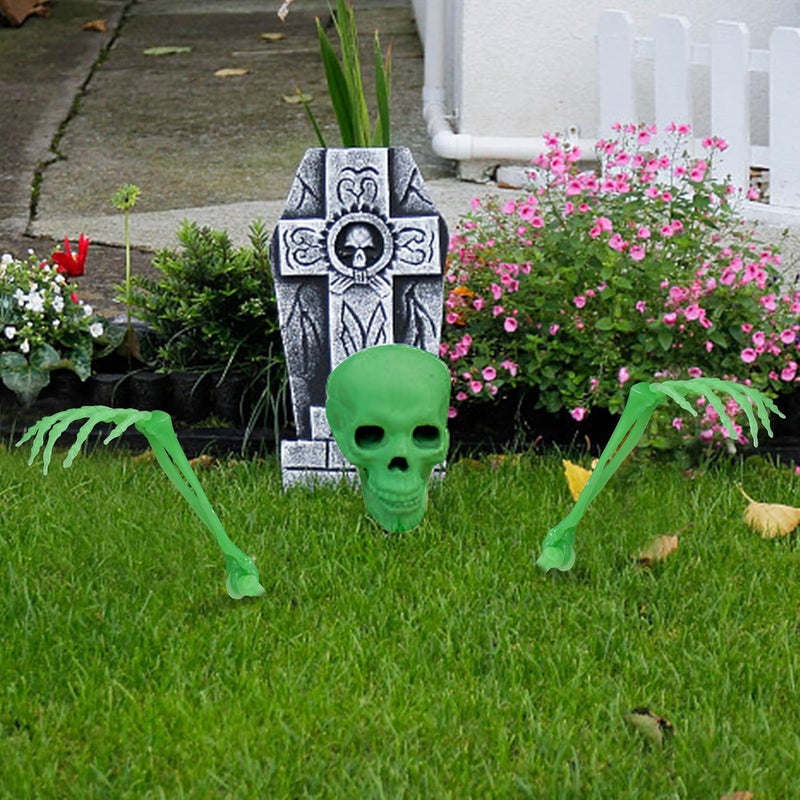 AOFOX Halloween Realistic Skeleton Stakes Zombie Ghost Arm Stake Severed Plastic Glow in Dark Skeleton Hands Yard Signs for Halloween Props Decorations (2 Pcs Green) - Image 4